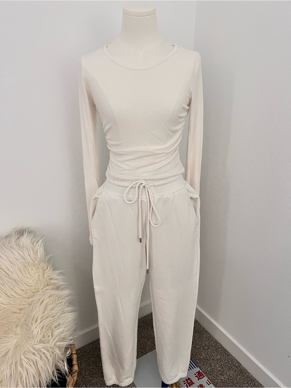 ALO Yoga Cream Ribbed Long-Sleeve Top & Drawstring Joggers